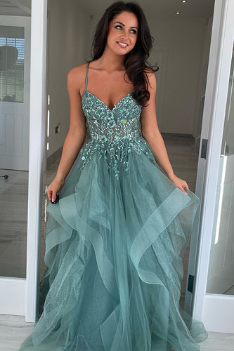 Sparkly Grey Blue Corset A Line Long Prom Dress with Appliques