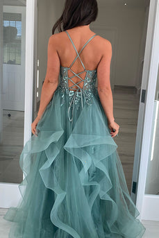 Sparkly Grey Green Corset A Line Long Prom Dress with Appliques