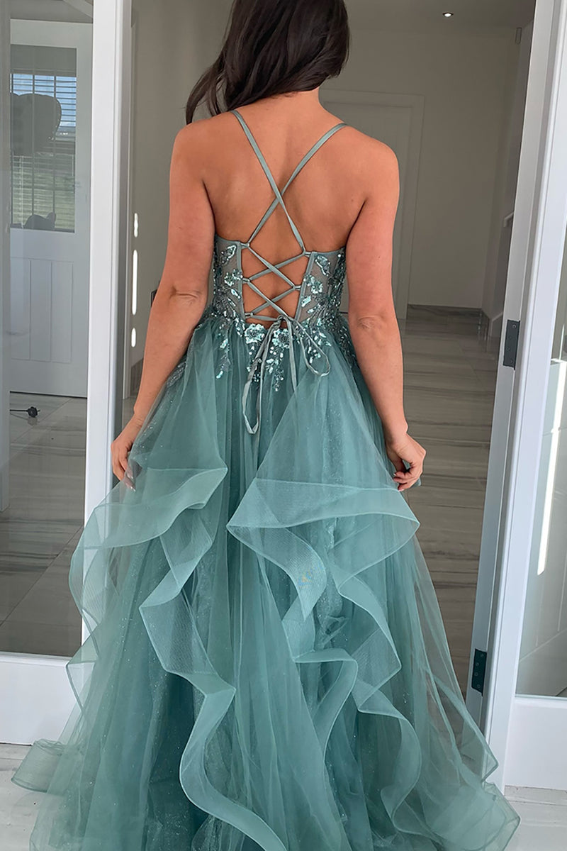 Load image into Gallery viewer, Sparkly Grey Blue Corset A Line Long Prom Dress with Appliques