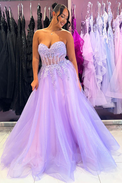 Sparkly Lilac Strapless Corset A Line Long Prom Dress