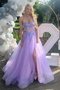 Sparkly Lilac Strapless Corset A Line Long Prom Dress