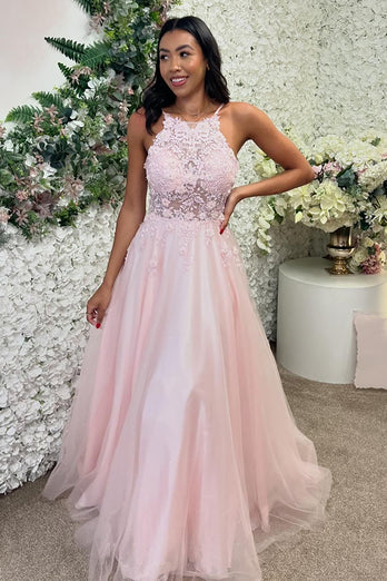 Sparkly Pink A Line Floral Long Prom Dress with Appliques