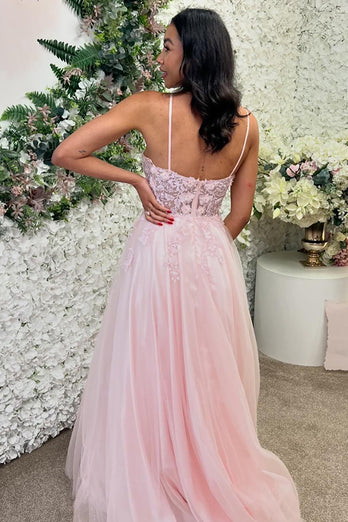 Sparkly Pink A Line Floral Long Prom Dress with Appliques