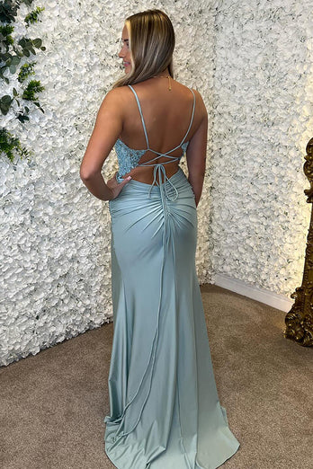 Sparkly Sky Blue Corset Mermaid Long Prom Dress with Slit