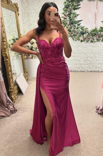 Sparkly Fuchsia Corset Appliqued Long Prom Dress with Slit