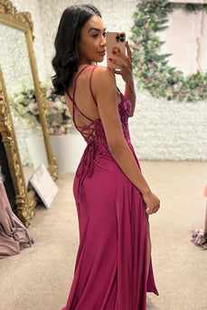 Sparkly Fuchsia Corset Appliqued Long Prom Dress with Slit