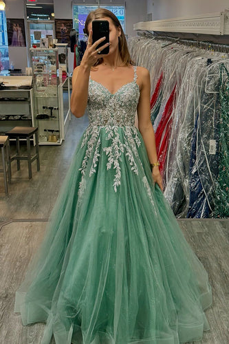 Sparkly Sage Appliqued A Line Long Prom Dress