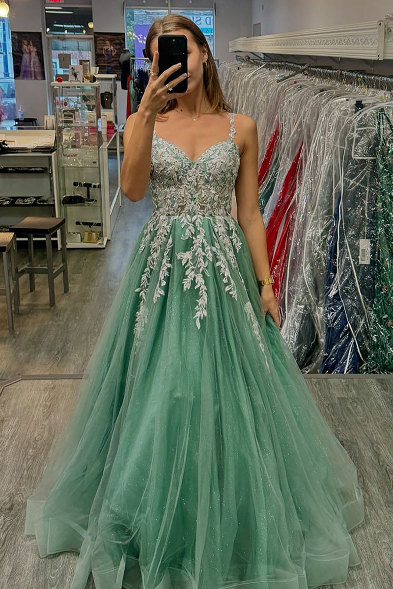 Load image into Gallery viewer, Sparkly Sage Appliqued A Line Long Prom Dress