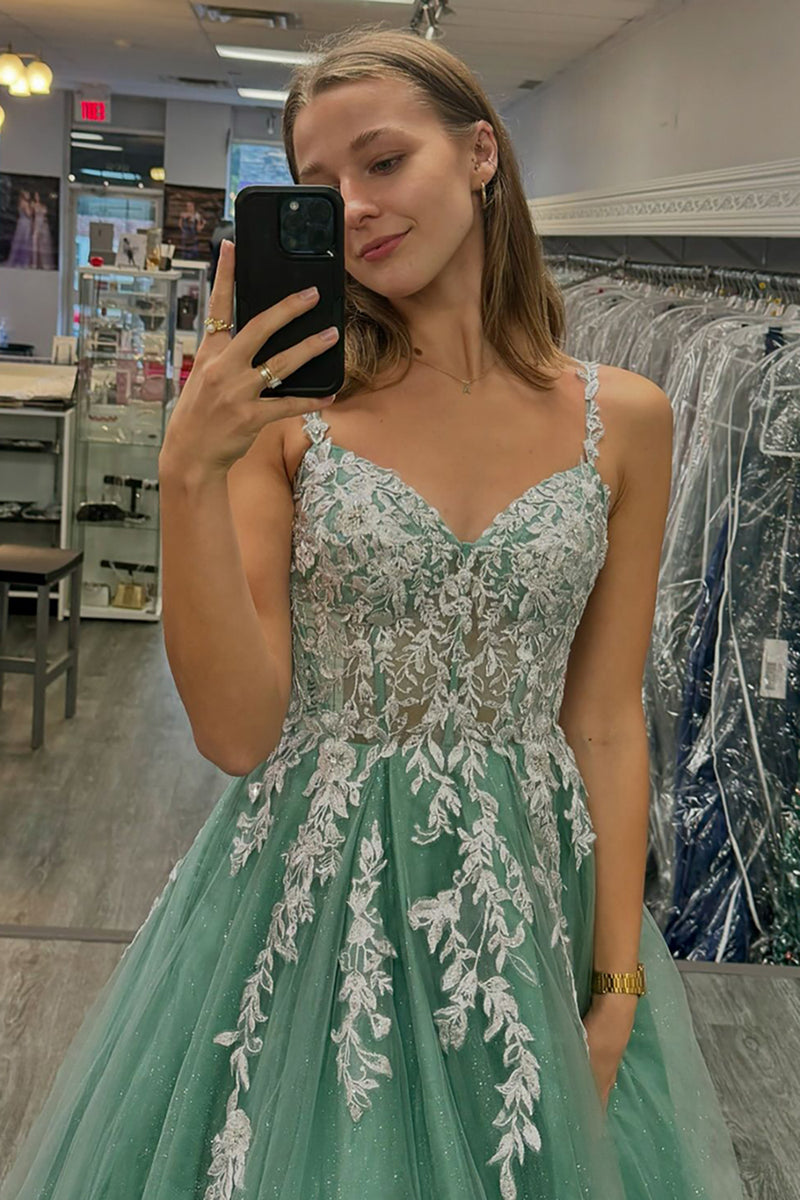 Load image into Gallery viewer, Sparkly Sage Appliqued A Line Long Prom Dress