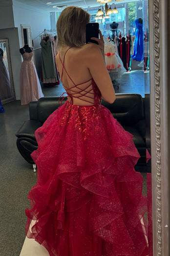 Sparkly Fuchsia A Line Corset Tiered Long Prom Dress