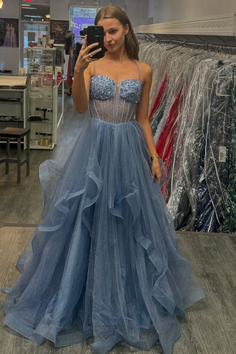 Sparkly Grey Blue Beaded Corset Long Prom Dress