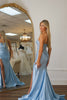 Load image into Gallery viewer, Sparkly Blue Corset Appliqued Prom Dress with Slit