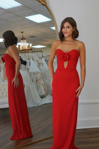 Red Mermaid Strapless Keyhole Prom Dress with Flowers