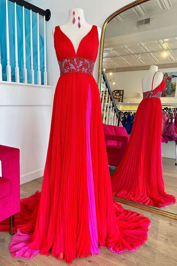 Red Deep V Neck Backless Prom Dress with Appliques