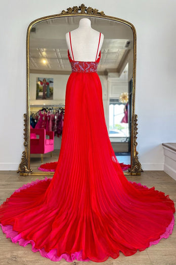 Red Deep V Neck Backless Prom Dress with Appliques