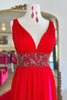 Load image into Gallery viewer, Red Deep V Neck Backless Prom Dress with Appliques