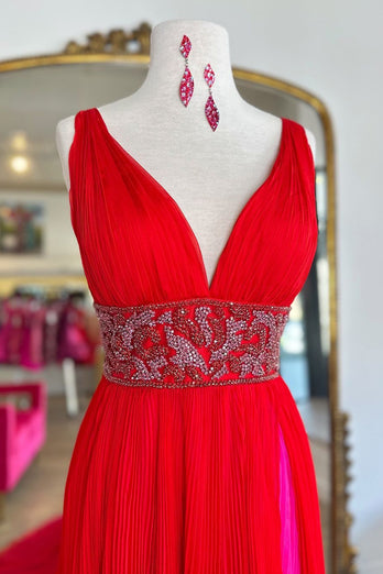 Red Deep V Neck Backless Prom Dress with Appliques