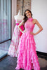 Load image into Gallery viewer, Hot Pink Corset Halter Tiered Prom Dress with Appliques