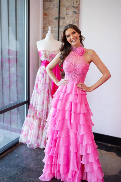 Hot Pink Corset Halter Tiered Prom Dress with Appliques