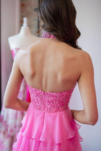 Hot Pink Corset Halter Tiered Prom Dress with Appliques