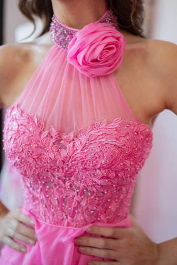 Hot Pink Corset Halter Tiered Prom Dress with Appliques