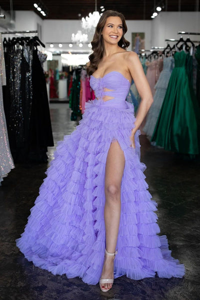 Lilac Strapless A-Line Tiered Prom Dress with Slit