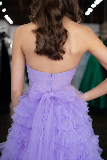 Lilac Strapless A-Line Tiered Prom Dress with Slit