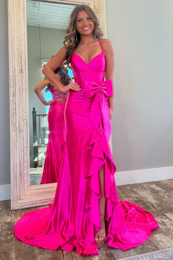 Hot Pink Corset Ruffled Bowknot Prom Dress with Slit