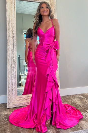 Hot Pink Corset Ruffled Bowknot Prom Dress with Slit