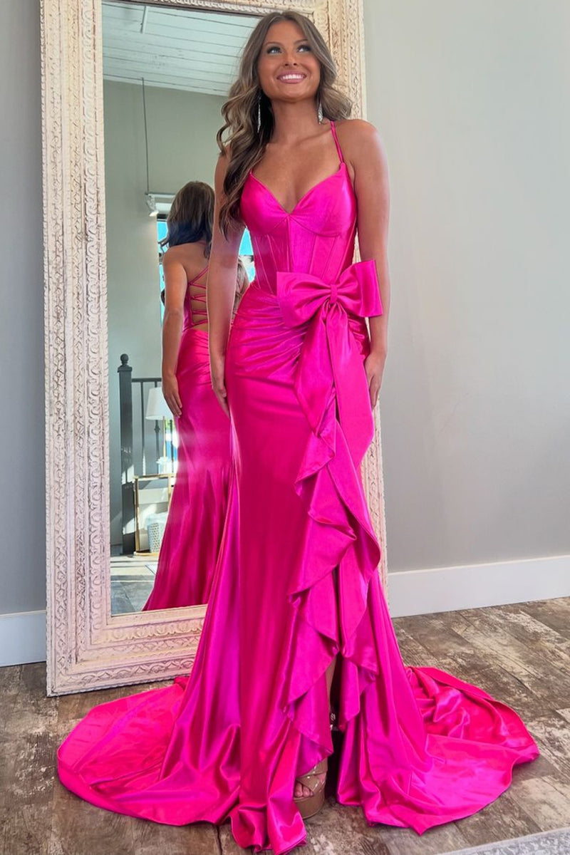 Load image into Gallery viewer, Hot Pink Corset Ruffled Bownot Prom Dress with Slit