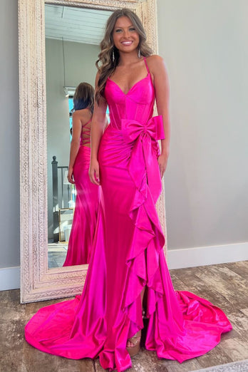 Hot Pink Corset Ruffled Bowknot Prom Dress with Slit