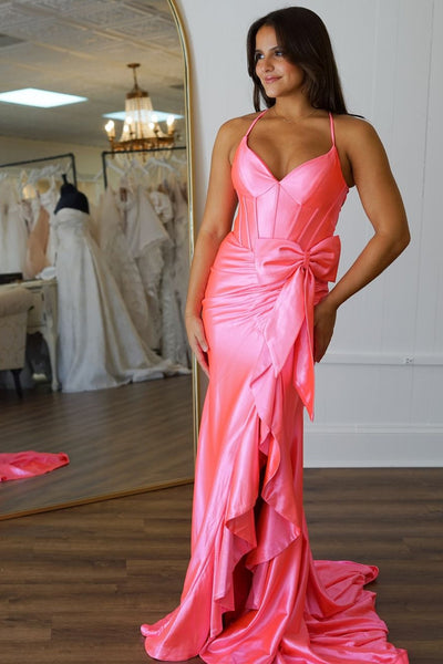 Hot Pink Corset Ruffled Bownot Prom Dress with Slit