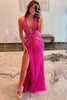 Load image into Gallery viewer, Sparkly Fuchsia Halter Beaded Long Mermaid Prom Dress