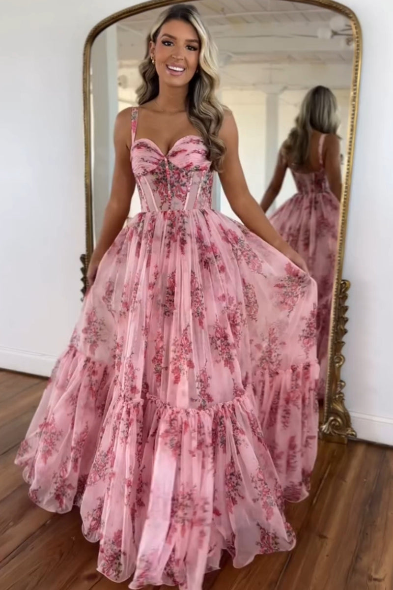 Load image into Gallery viewer, Sparkly Pink A Line Spaghetti Straps Floral Prom Dress