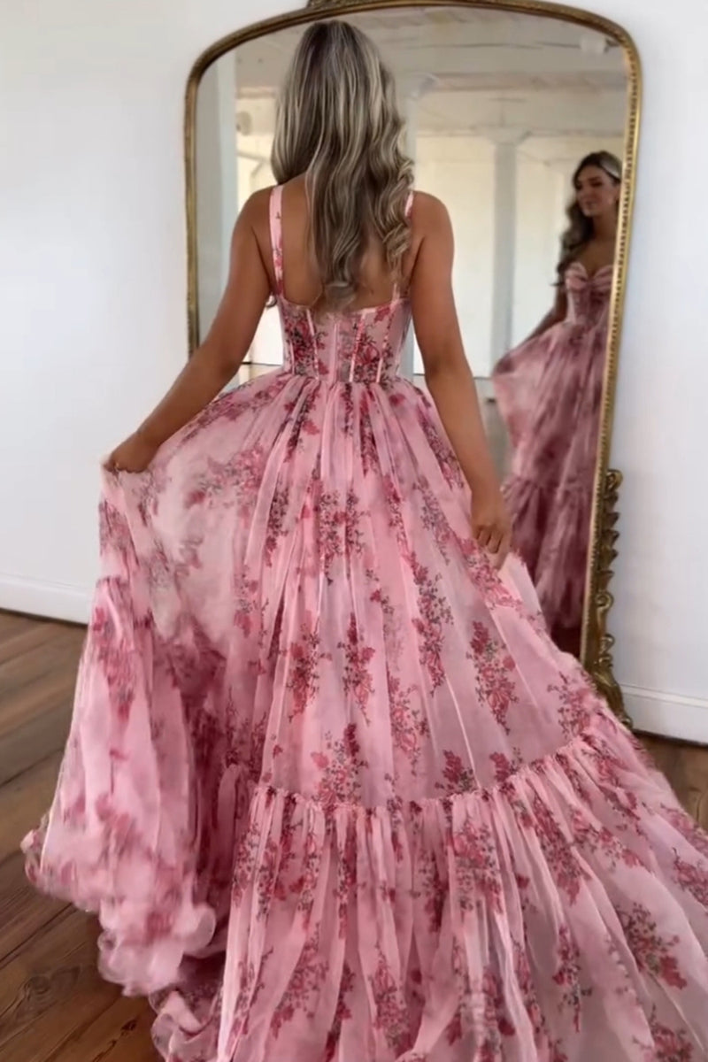 Load image into Gallery viewer, Sparkly Pink A Line Spaghetti Straps Floral Prom Dress