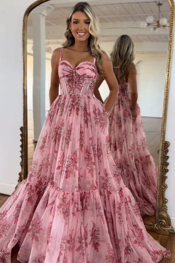 Sparkly Pink A Line Spaghetti Straps Floral Prom Dress