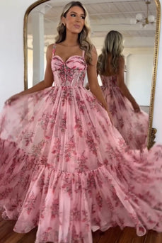 Sparkly Pink A Line Spaghetti Straps Floral Prom Dress