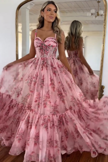 Sparkly Pink A Line Spaghetti Straps Floral Prom Dress