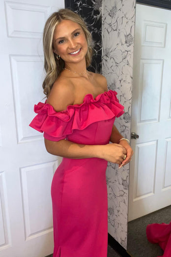 Fuchsia Off The Shoulder Mermaid Prom Dress with Ruffles