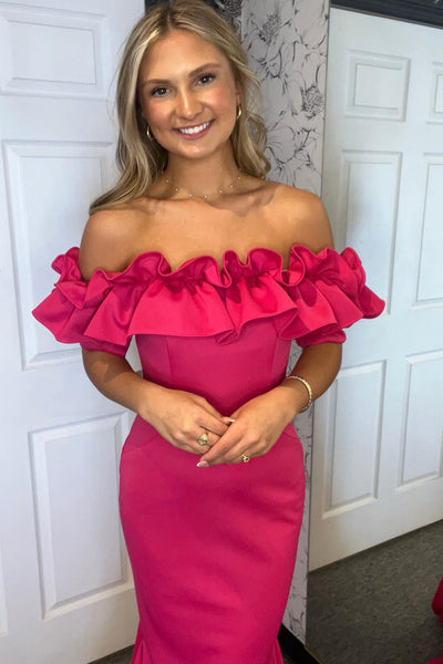 Fuchsia Off The Shoulder Mermaid Prom Dress with Ruffles