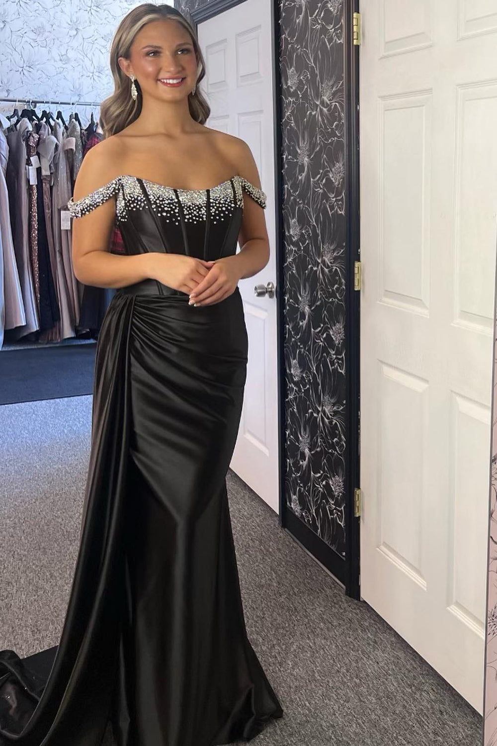 Sparkly Black Corset Long Satin Prom Dress