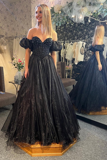 Glitter Black Corset A-Line Long Prom Dress