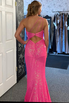 Sparkly Fuchsia One Shoulder Mermaid Long Prom Dress