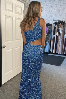 Sparkly Sky Blue Sequined Cutout Long Prom Dress