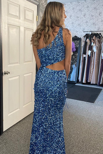 Sparkly Sky Blue Sequined Cutout Long Prom Dress