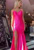 Load image into Gallery viewer, Fuchsia Ruffled V Neck Long Satin Prom Dress with Slit