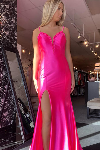 Fuchsia Ruffled V Neck Long Satin Prom Dress with Slit