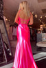 Load image into Gallery viewer, Fuchsia Ruffled V Neck Long Satin Prom Dress with Slit