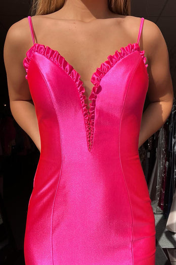 Fuchsia Ruffled V Neck Long Satin Prom Dress with Slit