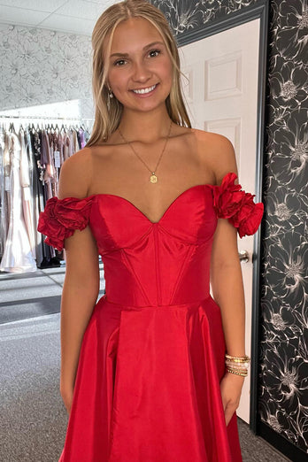 Red Ruffled Corset Off The Shoulder Long Prom Dress